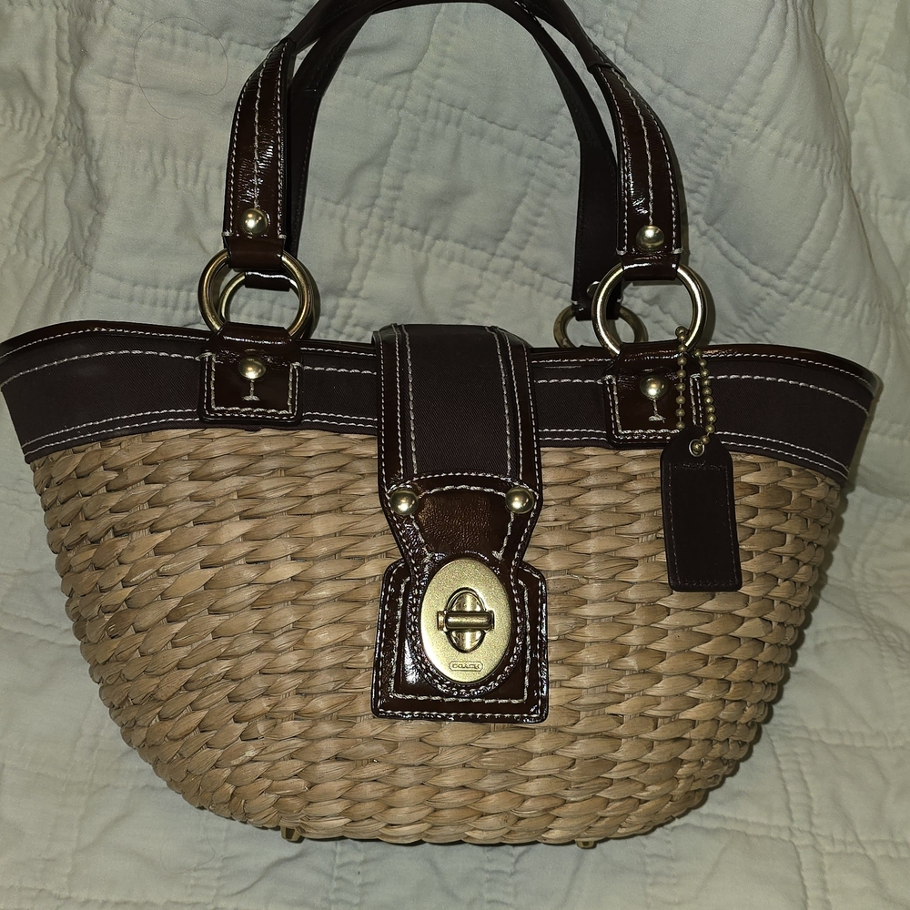 Coach Brown and Tan Woven Tote Bag